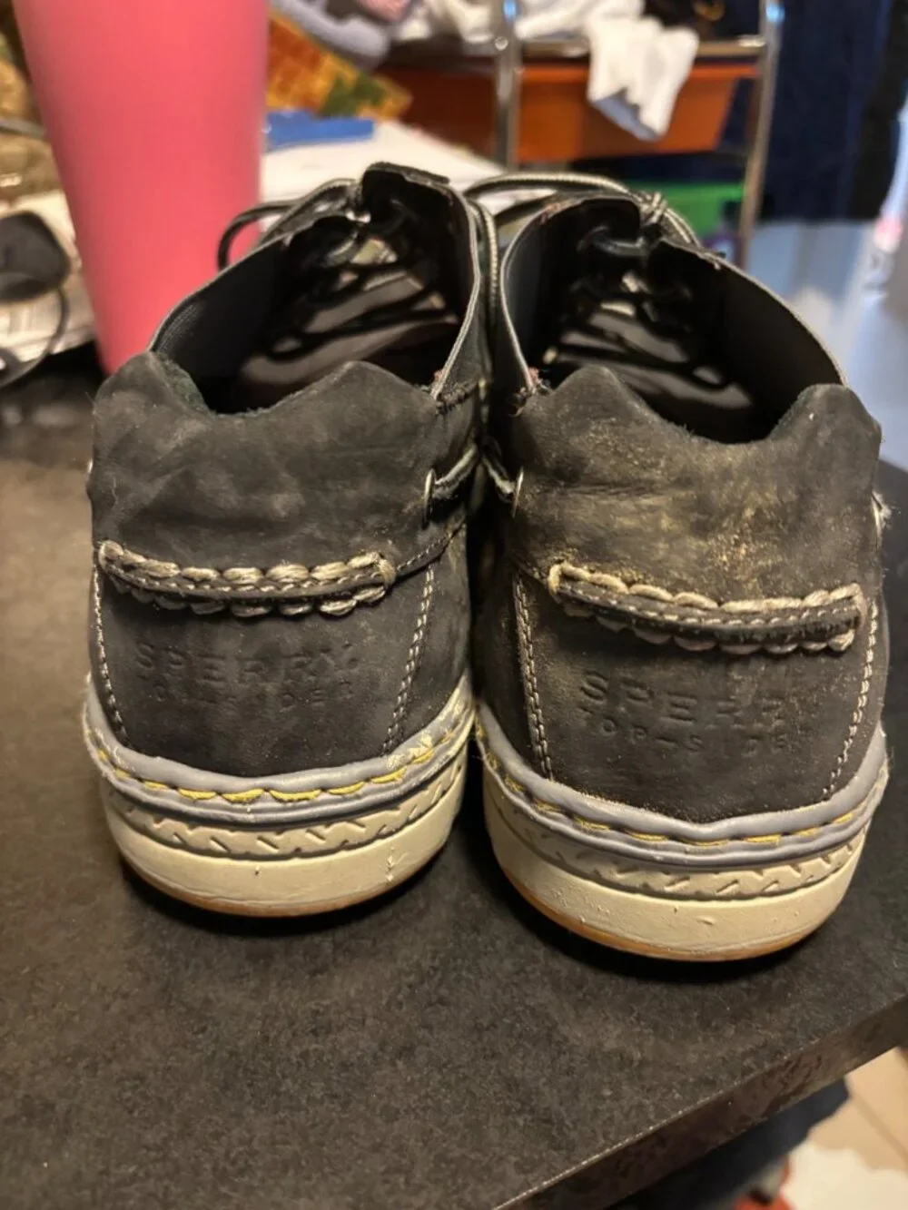 Sperry Top Sider Lace Up Leather Mesh Boat Shoes Black Gray Sz 13 Outdoor Travel